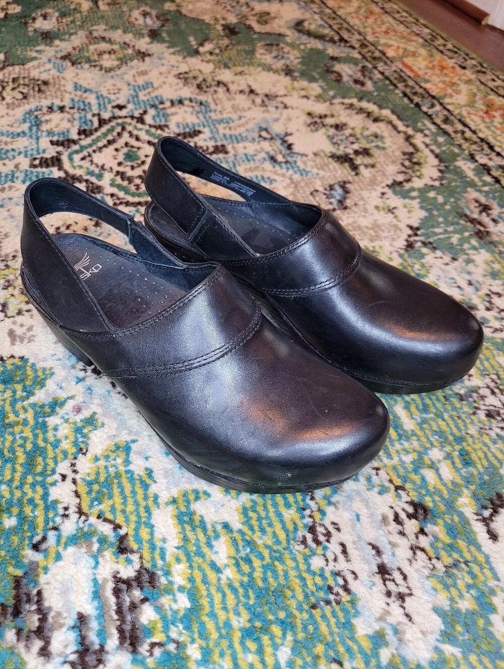 Dansko Black Leather Slingback Mule Heeled Clogs, Size EU 38 US 7.5-8